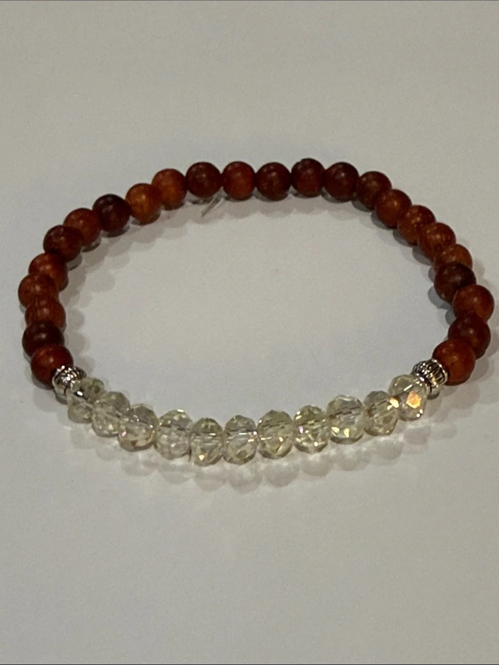 Wood Beaded Stretch Bracelet with Faceted Pale Yellow Crystal Accents Size 8